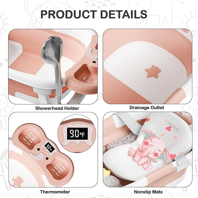 Collapsible Baby Bathtub,Baby Bath Tub with Soft Cushion & Thermometer,Baby Bathtub Newborn to Toddler 0-36 Months,Portable Travel Baby Tub