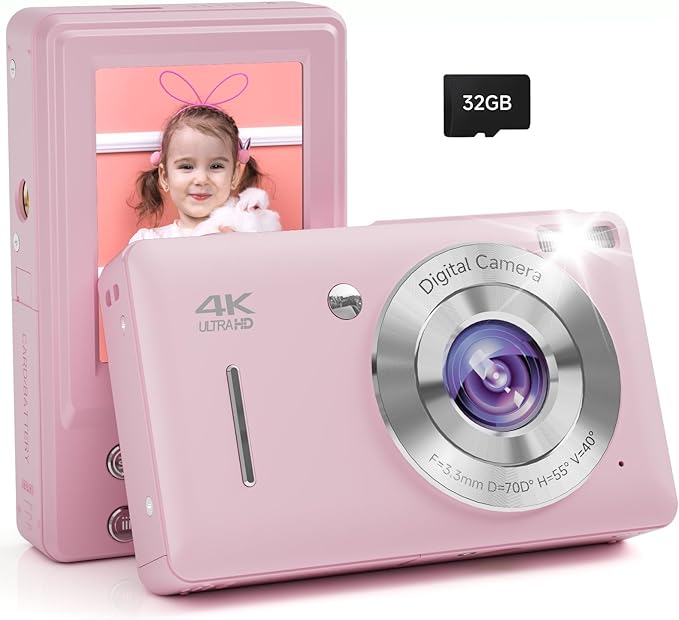 Digital Camera, 44MP FHD 1080P, 16X Zoom, 32GB SD Card, Compact Camera for Kids Teens Adults, Pink