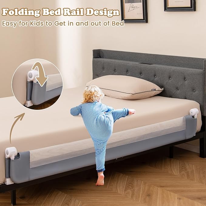BABY JOY Bed Rails for Toddlers, Extra Long, Swing Down Safety Bed Guard for Convertible Crib, Folding Baby Bedrail for Kids Twin, Double, Full Size Queen & King Mattress (71", Light Gray)