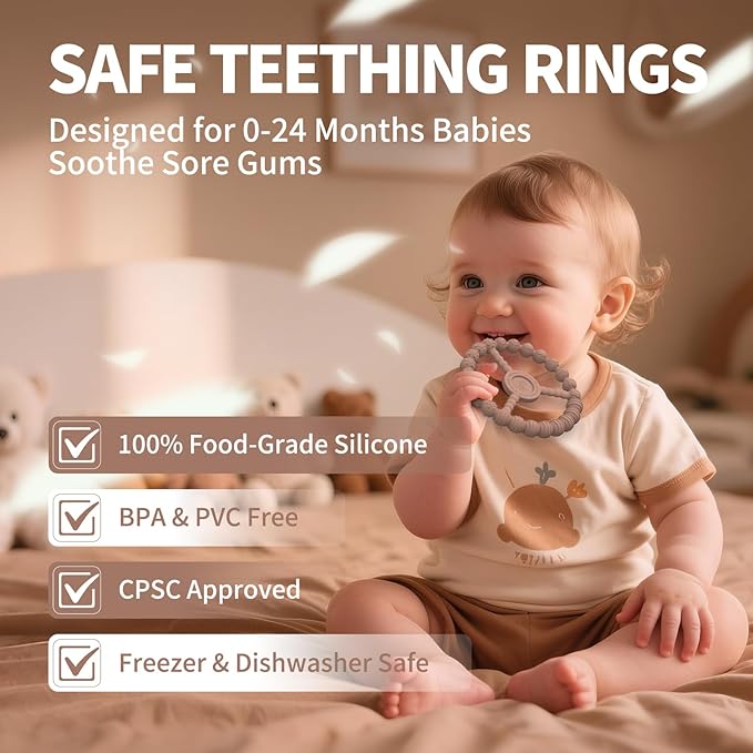 3 Pack Baby Teething Toys 3-6 Months, Silicone Ring Teethers for Babies 6-12 Months, Freezer Safe Chew Toy with Textured Grip for Boys Girls Teething Relief, Infant Easter Gift (Clay DustyRose Brown)