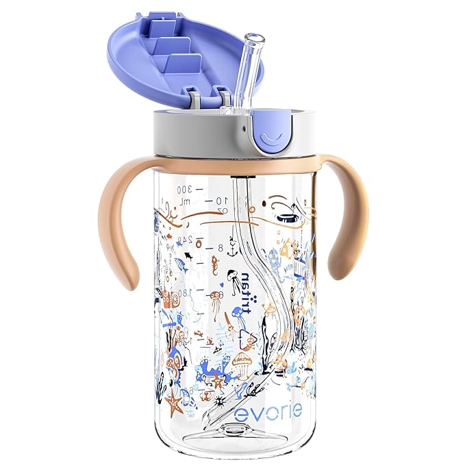 Evorie Tritan Spill Proof Toddler Straw Sippy Cup, 10 oz for Baby and Toddlers 1-3 Years Old, No Spill Straw Water Bottle with Removable Handles, Ideal for School, BPA-Free, Under the Sea
