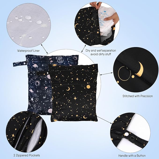 2pcs Travel Waterproof Laundry Bag, Cloth Diaper Wet Dry Bags with Handle & 2 Zipper Pockets, Reusable Washable Dirty Clothes Bag for Baby Adult Travelling Hanging, Bathing Beach Pool Daycare