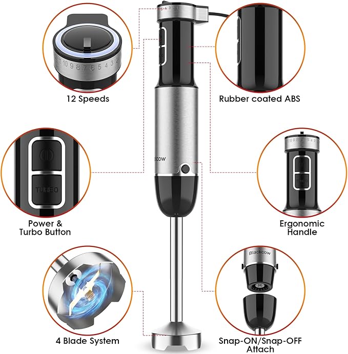 Immersion Blender Handheld, 800W Powerful Electric Hand Blender with Titanium Alloy Blades, 12 Speeds & Turbo, Electric Hand Mixer for Smoothies, Soups, Baby Food and Purees