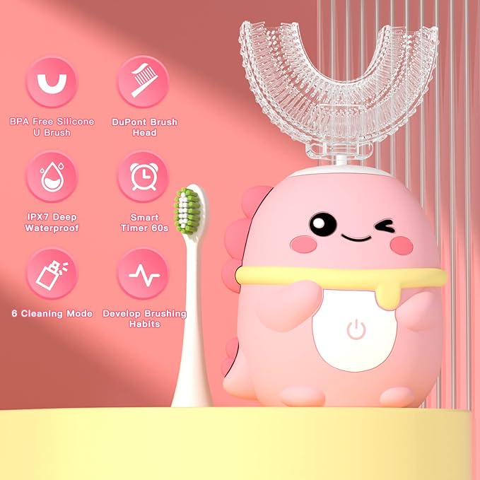 Kids Electric Toothbrush U Shaped Toddler Auto Sonic Toothbrushes with 5 Brush Head,Cartoon Dinosaur Ultrasonic Toothbrushes for Children 2-12 Years,360° Full Mouth Cleaning Automatic