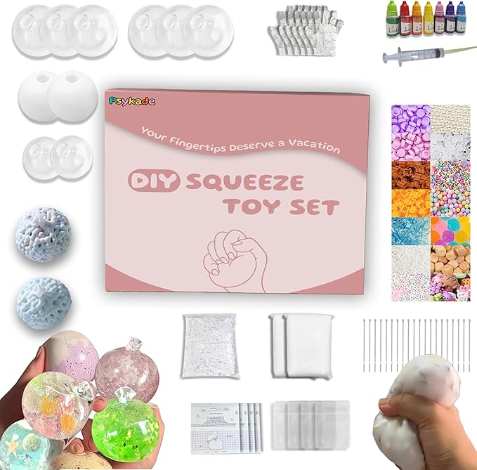 DIY Stress Ball Making Kit - 10 TPR Skins, 13 Fillers, 14 oz Slime, 7 oz Clay, Create ASMR Anxiety Relief Toys, Handmade Squishy Stress Balls, Unique Self-Care Gifts for Women, Crunchy and Relaxing