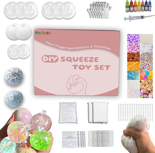DIY Stress Ball Making Kit - 10 TPR Skins, 13 Fillers, 14 oz Slime, 7 oz Clay, Create ASMR Anxiety Relief Toys, Handmade Squishy Stress Balls, Unique Self-Care Gifts for Women, Crunchy and Relaxing