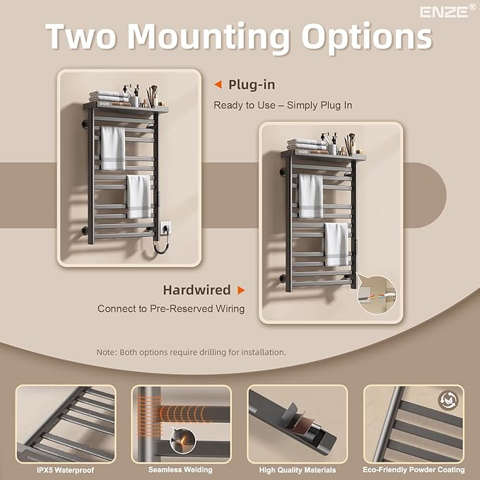 ENZE Heated Towel Rack with Shelf and Wi-Fi App Control, 11 Bars Electric Wall Mounted Towel Warmer with Timer & Adjustable Temperature, Low Carbon Steel, Plug-in/Hardwired, Gray
