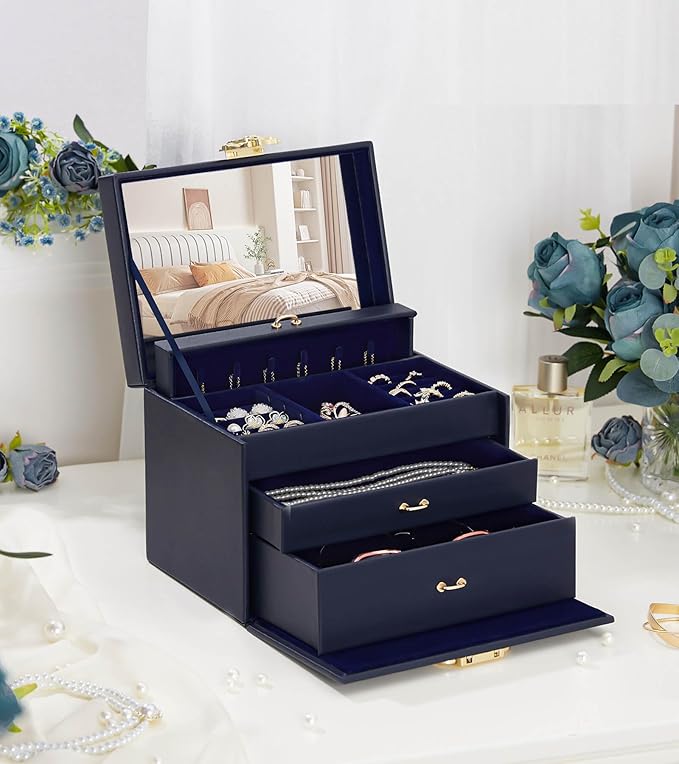 Jewelry Box with Lock for Girls: Jewelry Organizer for Dresser - 3-Drawer Earrings Storage Girls Women Gift (Dark Blue