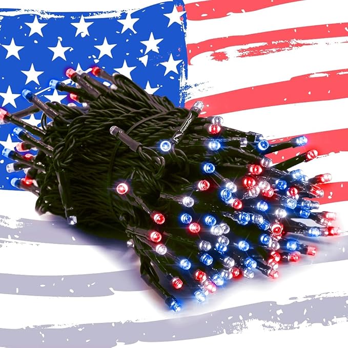 HOME LIGHTING 200 LED 66FT Fairy String Lights, July 4th Patriotic Light with 8 Lighting Modes, Mini Lights Plug in for Indoor Outdoor Independence Day Tree Holiday Party Decor, Red Blue & White