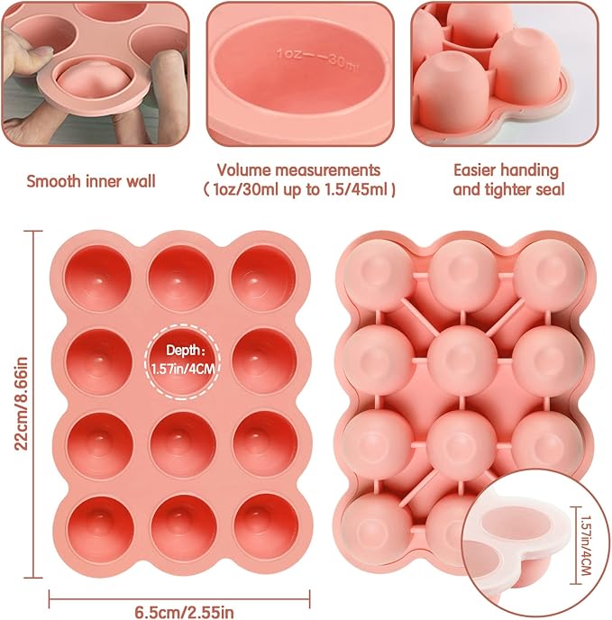 12x1.5oz Baby Food Freezer Tray with Clip Lid Gossamer Pink | Food Grade Silicone Storage Containers for Purees & Vegetables