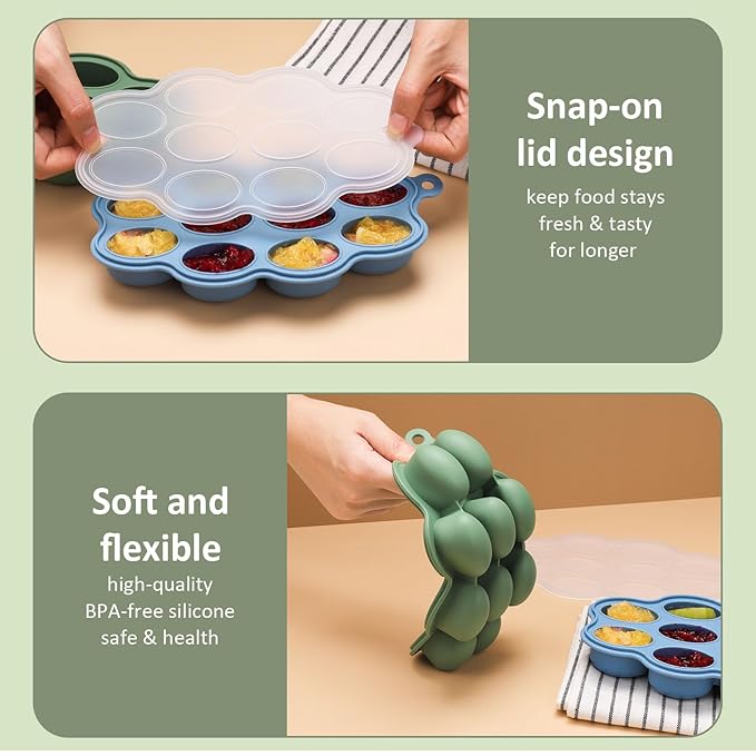 Baby Food Storage Container 2 Pack Silicone Freezer Tray Breast Milk Molds for Homemade Baby Food, Fruit Purees, Vegetable - Keep Your Baby's Meals Fresh and Safe (Matte Blue + Green)