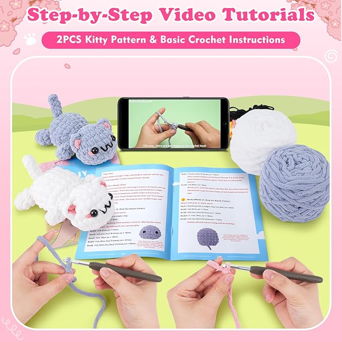 Crochet Kit for Beginners - 2PCS Kitty Crochet Kit with Step-by-Step Video Tutorials, Crochet Starter Kit for Adults and Kids, Learn to Crochet Cat, Beginner Crocheting Kit Easy Peasy Yarn