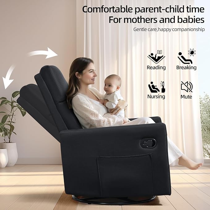 Swivel Rocker Recliner Chair, Upholstered Fabric Nursery Rocking Glider Chair with Adjustable Backrest and Footrest, Lay Flat Recliner Single Lazy Sofa for Living Room, Black