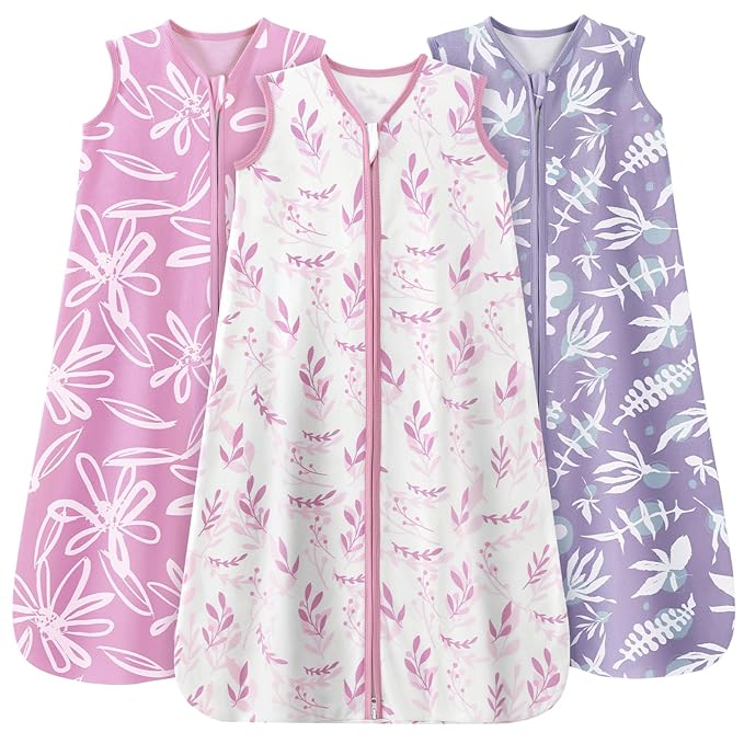 Baby Sleep Sack 0-6 Months 3 Pack 100% Cotton Lightweight 0.5 TOG Wearable Blanket Baby Sleep Bag with 2-Way Zipper for Newborn Infant Purple Leaf