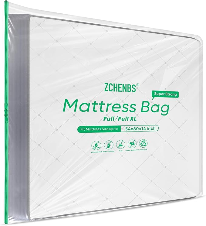 ZCHENBS® – Mattress Bags for Moving and Storage,Mattress Bag with Zippers,5 Mil Ultra-Thick Bed Bag,Waterproof,Anti-Tear,Heavy-Duty Mattress bag (Tansparent/Green, Full/Full XL-(2 Pack))