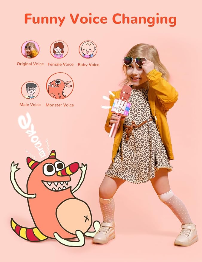 Amazmic Karaoke Microphone for Adults, Wireless Bluetooth Microphone for Singing Portable Karaoke Machine Handheld with LED Lights, Gift for Kids Adults Birthday Party, Home KTV(Rose Gold)