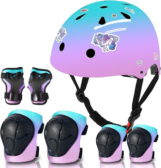 Adjustable Kids Bike Helmet with Knee & Elbow Pads Set, Color Gradient Design for Boys and Girls Aged 3-14+, for Skateboarding, Scooter, Roller & Inline Skating, Longboard