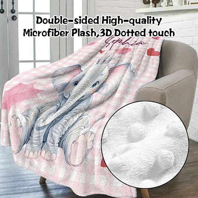 Custom Nursery Crib Bedding Set: Personalized Name 4 Piece Pink Checkered Elephant Pattern Baby Crib Sets for Girls - Toddler Double Layer Blanket Set, Comfortable Crib Bed Sheets for Baby Toddlers