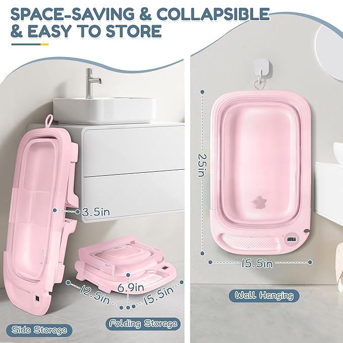 Collapsible Baby Bathtub,Baby Bath Tub with Thermometer & Soft Cushion,Baby Bathtub for Newborn to Toddler 0-36 Months,Portable Travel Baby Tub with No-Slip Feet,Baby Shower Gifts,Pure Pink