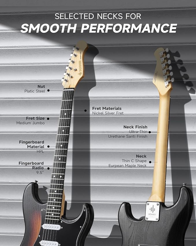 DONNER DST-80 Electric Guitar 39” Beginner Electric Guitar Kit with Amp, Classic SSS Pickup Complete with Gig Bag, Tuner, Capo, Strap, Picks, and Free Online Lessons, Red Tea Burst