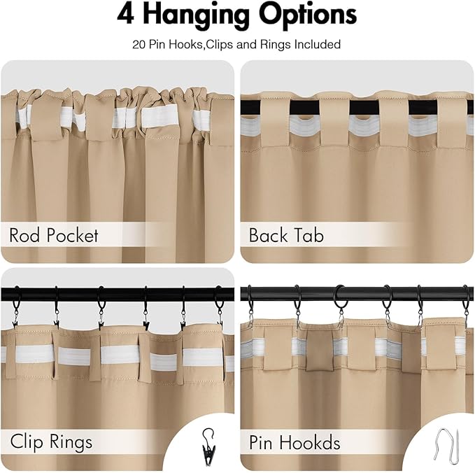 ANRODUO Back Tab Blackout Curtains for Bedroom Living Room, Rod Pocket Pinch Pleated Thermal Insulated Room Darkening Curtains 54 Inches Long 2 Panels, Beige, 42 x 54 Inch