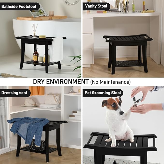 Zhuoyue Bamboo Shower Stool Bench Waterproof with Storage Shelf for Shaving Legs or Spa Bath Seat in Bathroom & Inside Shower for Adults Seniors Elderly (24 x 13.4 x 18.5 inches+Black)