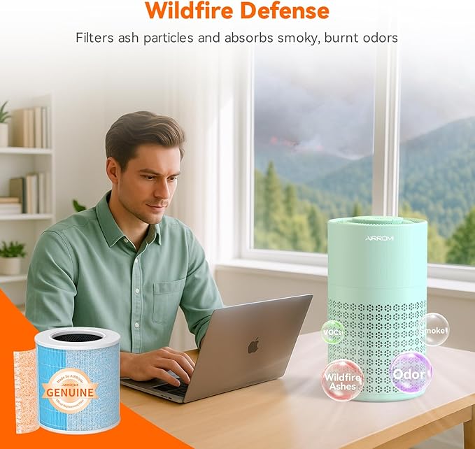 AIRROMI Air Purifier for Bedroom with HEPA 3-in-1 Filter, Pet Air Purifier for Home Cat Pee Smell, Covers Upto 990 Ft², Quiet 360°intake Air Cleaner for pet hair,allergies,Dust,Smoke A2001 Green