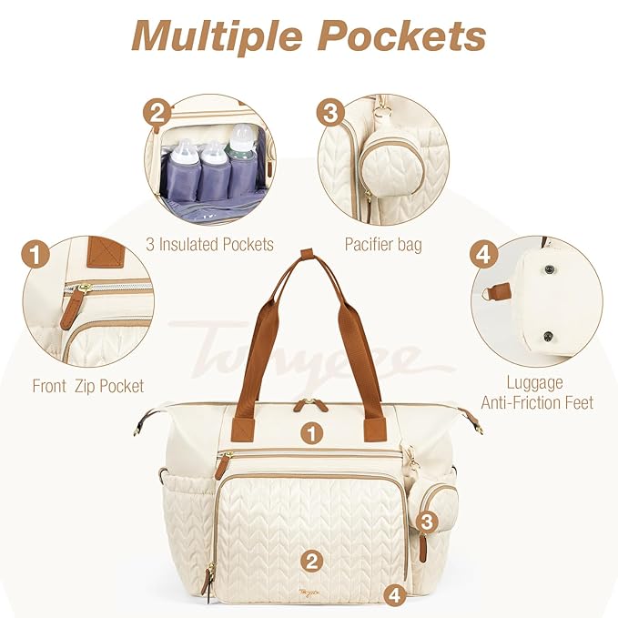 Diaper Bag Tote, Large Baby Diaper Bags Waterproof, Hospital Bag for Labor Delivery with Pacifier Case, Changing Pad, Shoulder Strap, Beige