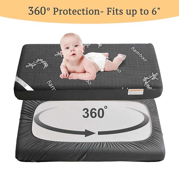 BEDLORE Waterproof Crib Mattress Protector 2 Pack, Ultra Soft Bamboo Viscose Crib Mattress Pad Cover, Noiseless Toddler Mattress Protector for Standard Baby Mattress Size 52''x28'', Dark Gray