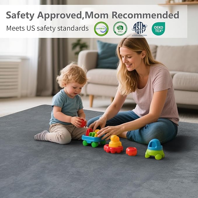 Baby Play Mat for Floor,1.3" Thick Elasti-Foam 50"×74" Playpen Mat for Tummy Time,Water Repellent Soft Coral Velvet for Toddler,Infant,Kids,Non-Slip Backing Safe for Crawling(Dark Grey)