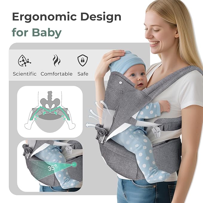 FRUITEAM Baby Carrier with Hip Seat for Breastfeeding, One Size Fits All - 6-in-1 Adjustable Toddler Carrier with Lumbar Support, All Seasons, Adapt to Newborn, Infant & Toddler (Greyish)