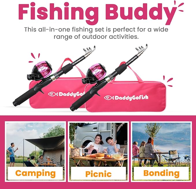 DaddyGoFish Kids Fishing Pole - Rod Reel Combo Tackle Box Starter Set - First Year Small Dock Gear Kit for Boys Girls Toddler Youth Age Beginner Little Children Junior Anglers Older Kids