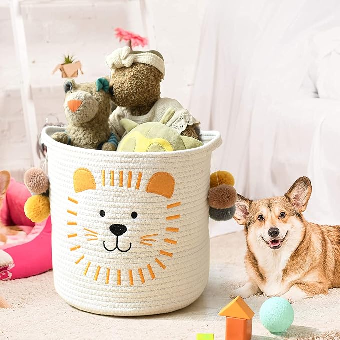 INough Toy Storage Baskets Cute Laundry Basket with Handles Dog Toy Storage Basket Durable Large Cotton Rope Storage Bins Home Organizer Solution for Office, Bedroom, Closet, Toys & Laundry (Lion)