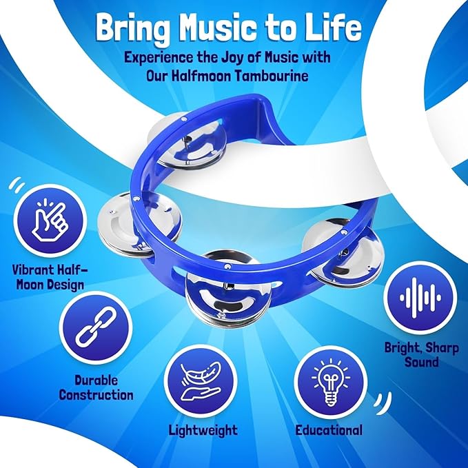 Flexzion Tambourine Hand Bell Percussion Musical Instruments (Blue, 2 Pack), Plastic Music Instrument Half Moon Mini D Handheld Shaker, Jingle Bells