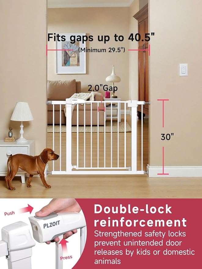 Baby Gate for Stairs, 29.5-40.5" Dog Gate for Doorways, Walk Thru Auto Close Metal Child Gate for The House, Stairs and Doorways, Pressure Mounted Pet Gate for Dog Indoor (White)