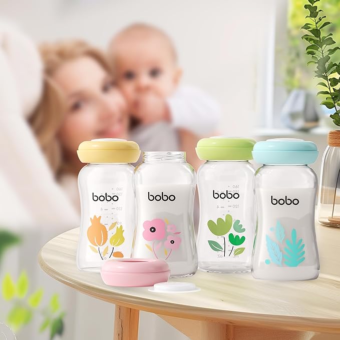 YOHKOH Breast Milk Storage Bottles - Wide Neck Glass Breastmilk Storage Bottles with Lids, BPA-Free (Green, 5.4oz (Pack of 6))