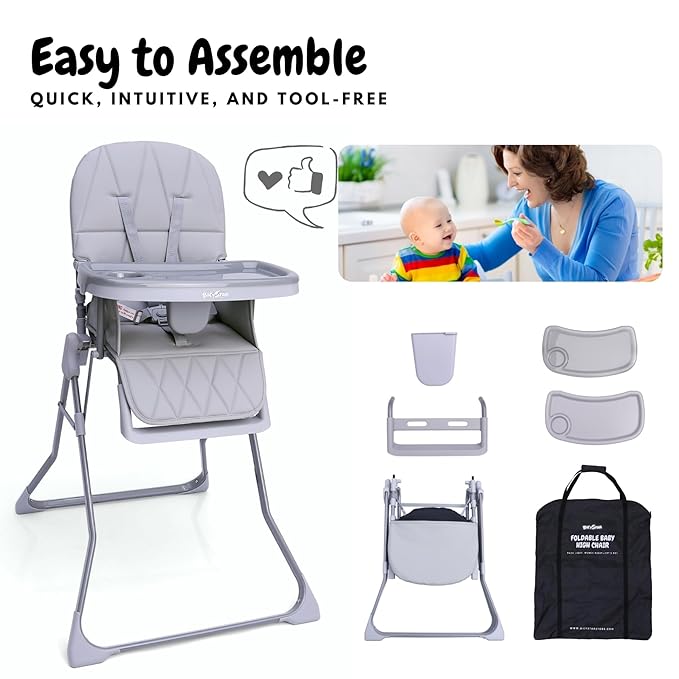 Foldable Baby High Chair with Easy Clean Double-Layer Tray, Adjustable Foot Rest, Safety First 5 Point Harness, Compact Space Saver Baby Feeding Chair Portable for Travel