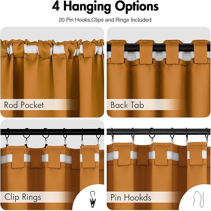 ANRODUO Back Tab Blackout Curtains for Bedroom Living Room, Rod Pocket Pinch Pleated Thermal Insulated Room Darkening Curtains 72 Inches Long 2 Panels, Mustard Yellow, 42 x 72 Inch