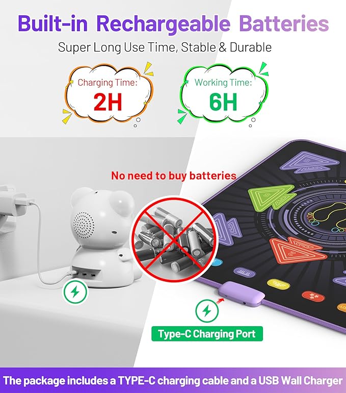 FWFX Dance Floor Games Mat for Kids, Rechargeable Light up Electronic Exercise Toy with Bluetooth for Boys and Girls, Ideal Christmas and Birthday Gift for Kids Ages 3 to 12 (Multicolored)