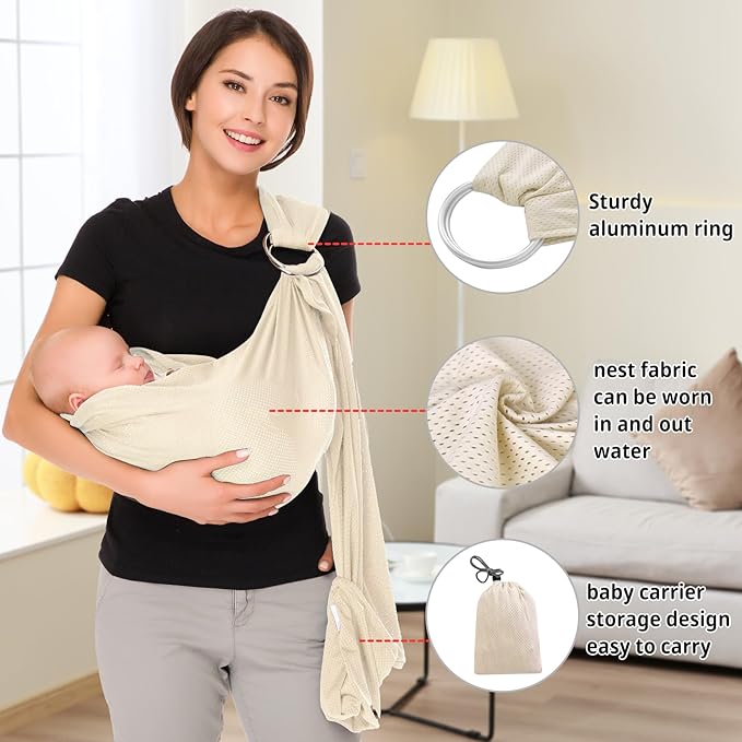CUBY Water Baby Sling Carrier Lightweight Breathable Mesh Baby Ring Slings, Adjustable Quick-Drying Ring Sling Baby Carrier for Newborn Kids Toddlers Summer Swimming Pool Beach (Apricot)