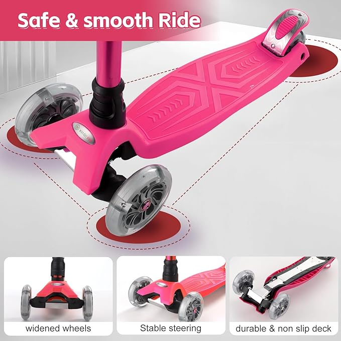 3 Wheel Scooter for Kids Ages 6-12,Kids Scooter with Light Up Wheels, Sturdy Deck Design, and 4 Height Adjustable Suitable for Kid Ages 3-12