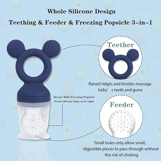 Baby Fruit Feeder, Frozen Teething Toys, Infants Teether Pacifier with 3 Extra Teats, Toddler Eating Essentials, BPA Free Feeding Supplies (Steel Blue)