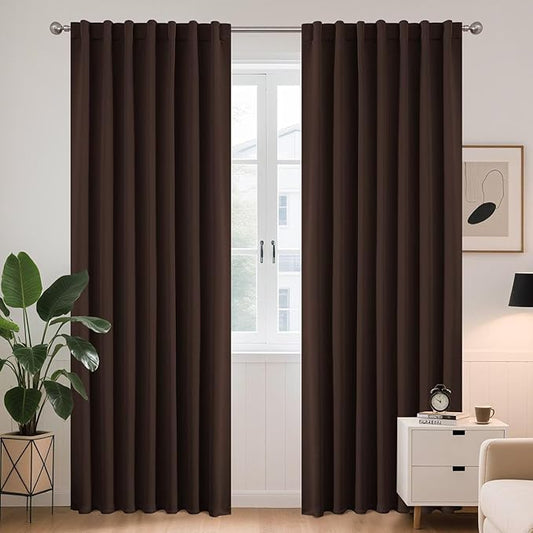 Joydeco 90 Inch Blackout Curtains for Bedroom, Thermal Insulated Curtains 90 Inches Long, Room Darkening Drapes for Living Room Window Rod Pocket Back Tab (W52 x L90 Inch, Chocolate)