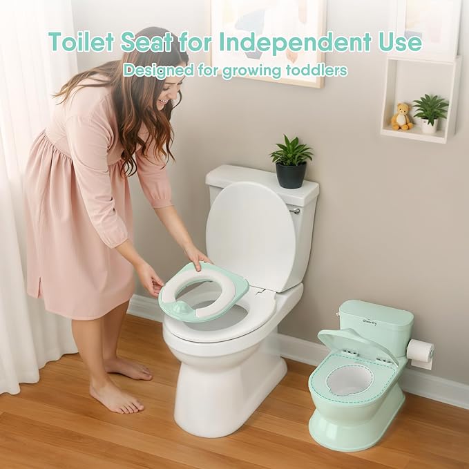 2-in-1 Toddler Potty Training Toilet - Larger Potty Chair & Detachable Training Seat for Boys & Girls Ages 1-3 with Flushing Sound, Wipes Storage, Toilet Paper Holder