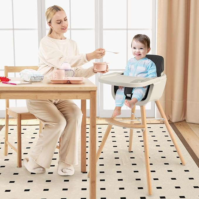 HONEY JOY Baby High Chair, 6-in-1 Eat & Grow Wooden Highchair/Toddler Chair with Removable Tray, 5-Point Harness, PU Cushion and Footrest, Convertible High Chair for Babies and Toddlers(Black)