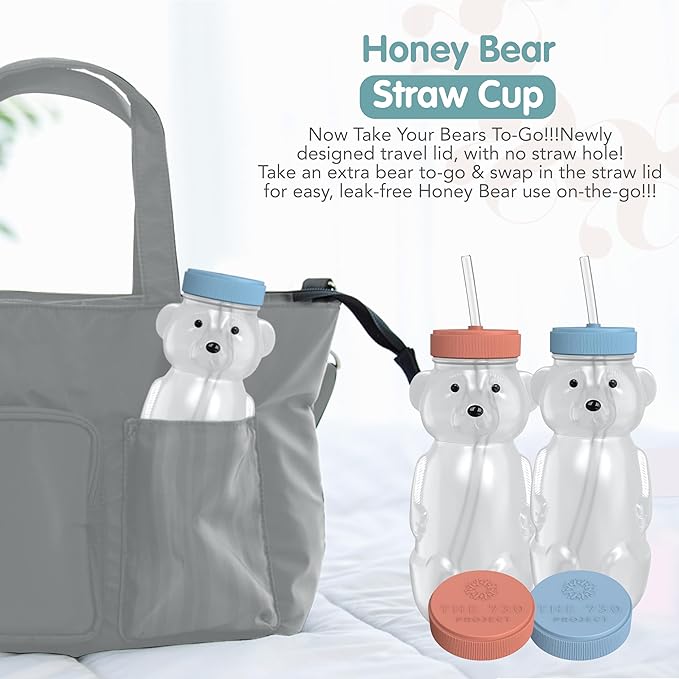 Honey Bear Straw Cup for Babies, 2-Pack Honey Bear Bottle with Travel Lid, Therapy Learning Honeybear Straw Cup, Baby Bottle Set, 8 oz, Blueberry Pie & Firetruck