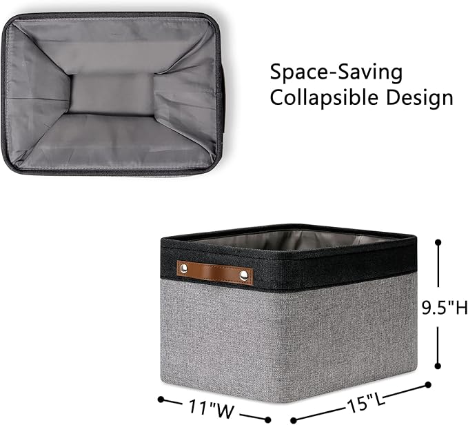 DULLEMELO Canvas Storage Bin with Handles, Fabric Bins for Shelves, Bedroom, Office,Nursery,Fabric Storage Baskets for Toys, Clothes,Gift(Black&Grey,15"x11"x9.5",4-Pack)