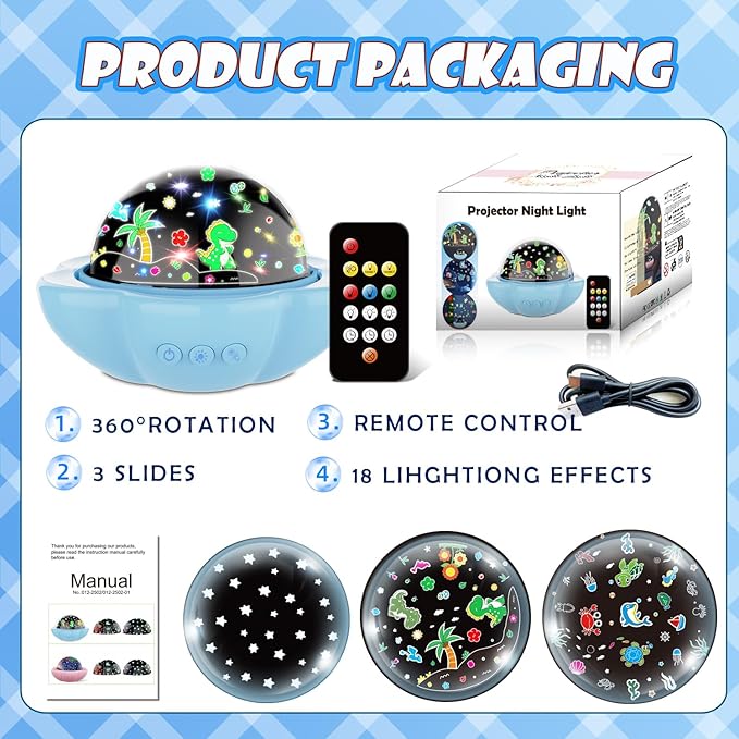 Dinosaur Toys for 3-10 Year old Boys,7-in-1 Kids Night Light Projector with 3 Films 93 Effects, Remote, Timer, 360° Rotation, Birthday Christmas Xmas Gifts Stocking Stuffers for Kids Age 3 4 5 6