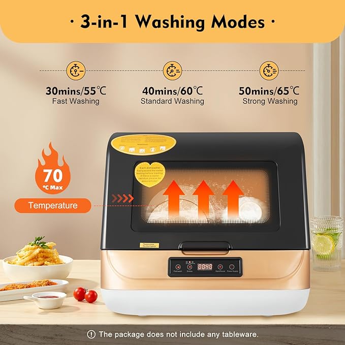 Compact Portable Dishwasher Countertop with Filter and Hybrid Drying Function, 360° Streak-Free Deep Cleaning, 3 Washing Programs, Mini Dishwasher for Apartments& RVs