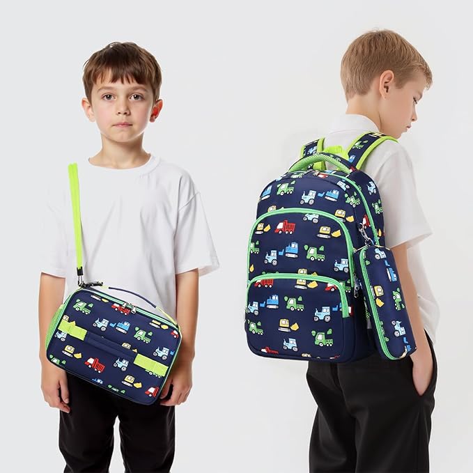 mygreen 3PCS Kids Backpack Set - Waterproof Bookbag with Lunch Box for Boys Ages 3-12, Adorable Cartoon Prints for School & Outdoor Use Blue Green Truck
